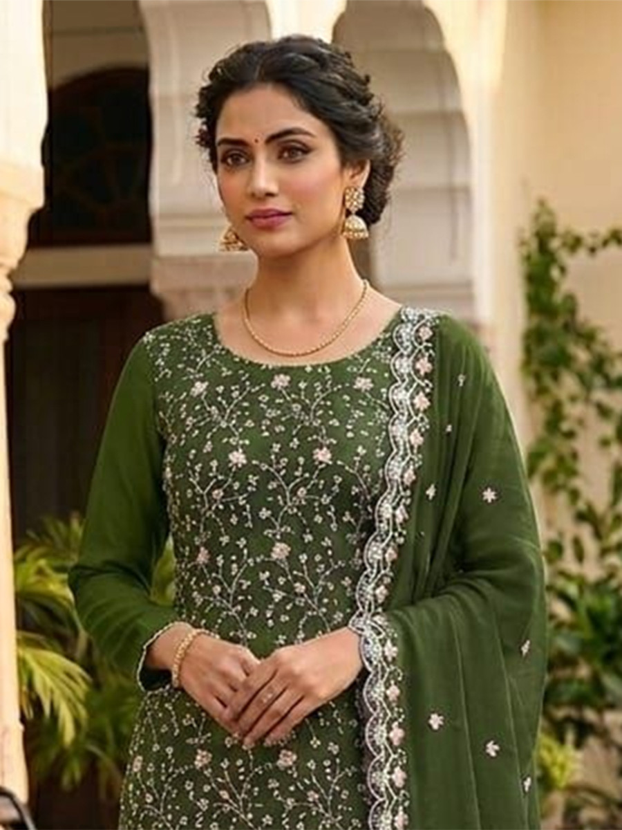 Mehendi Green Vichitra Silk Embroidery Wedding Party Festival Casual Pant Salwar Kameez