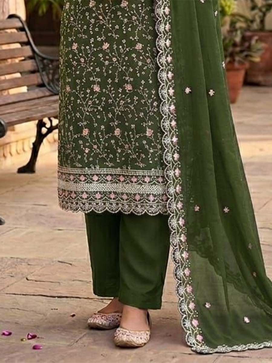 Mehendi Green Vichitra Silk Embroidery Wedding Party Festival Casual Pant Salwar Kameez