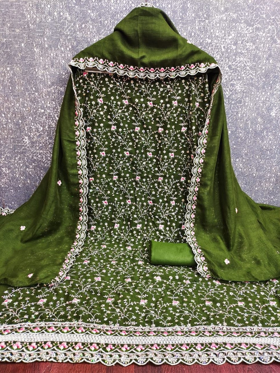 Mehendi Green Vichitra Silk Embroidery Wedding Party Festival Casual Pant Salwar Kameez