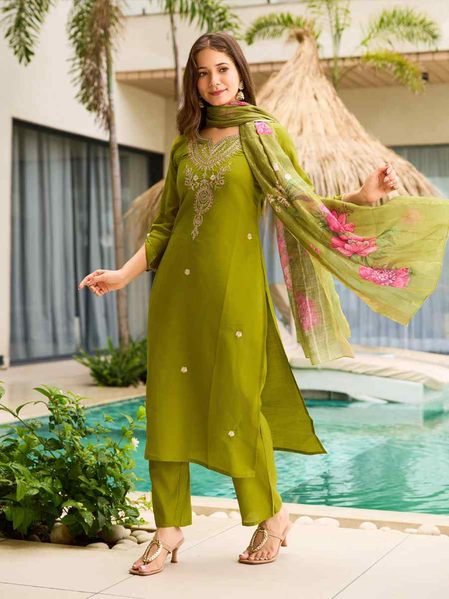 Mehendi Green Viscose Embroidery Party Wedding Festival Casual Ready Pant Salwar Kameez