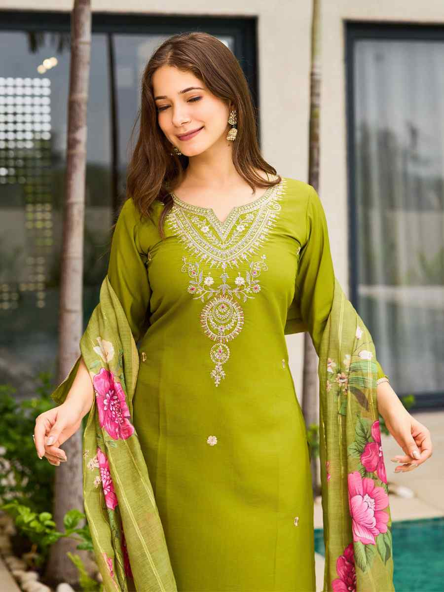 Mehendi Green Viscose Embroidery Party Wedding Festival Casual Ready Pant Salwar Kameez