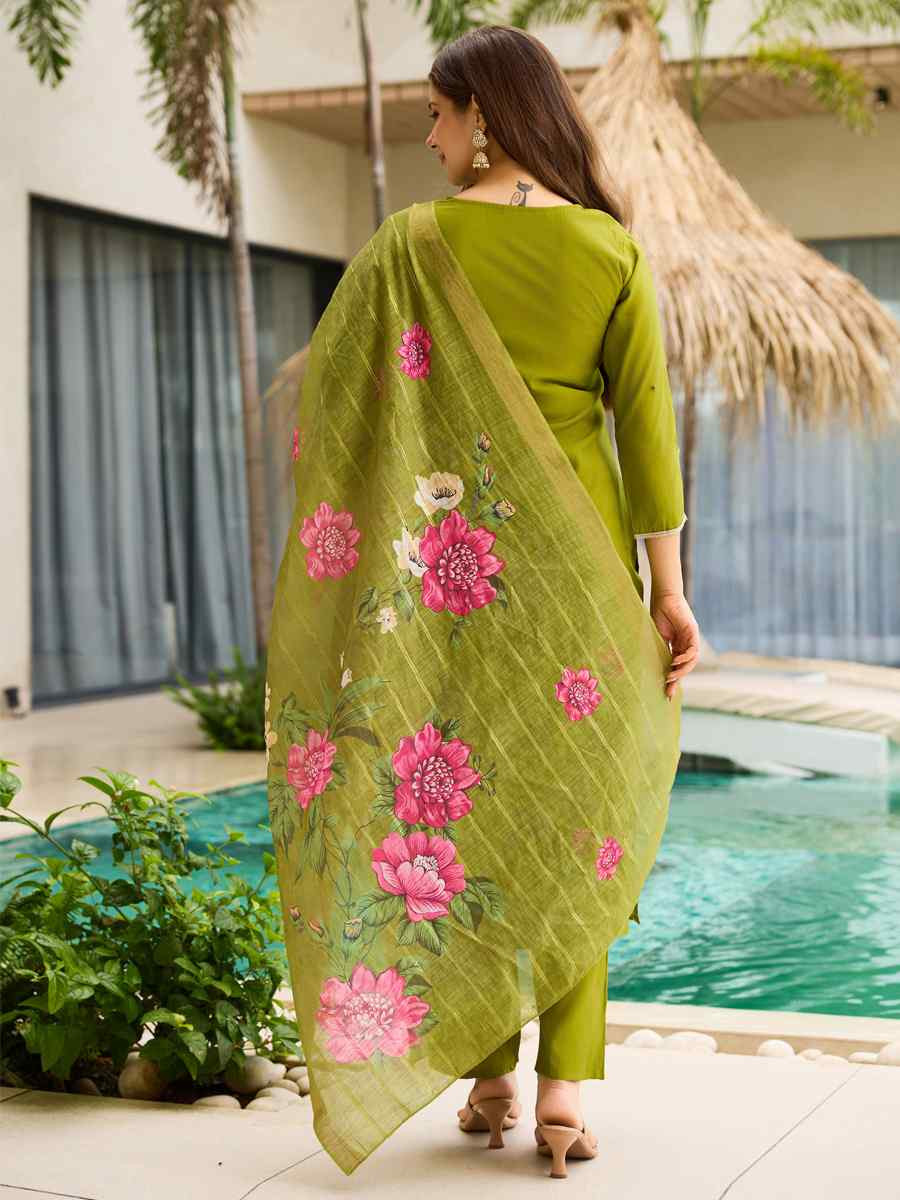 Mehendi Green Viscose Embroidery Party Wedding Festival Casual Ready Pant Salwar Kameez