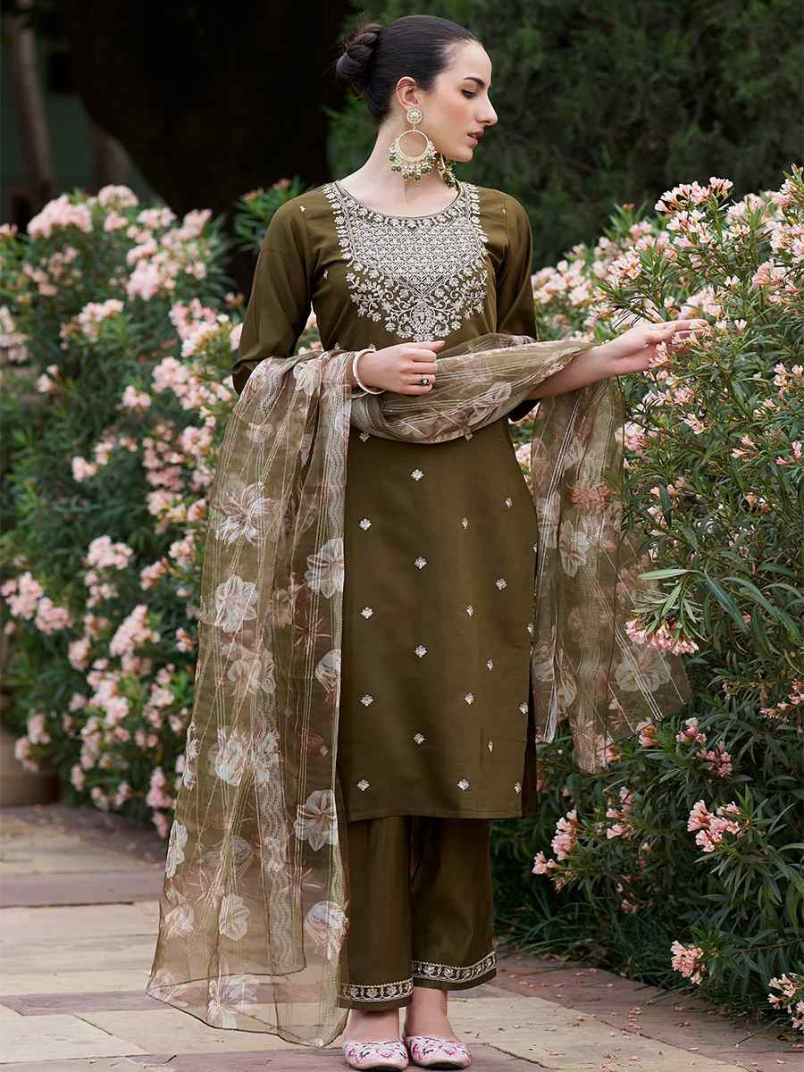 Mehendi Green Viscose Rayon Embroidered Mehendi Wedding Ready Pant Salwar Kameez