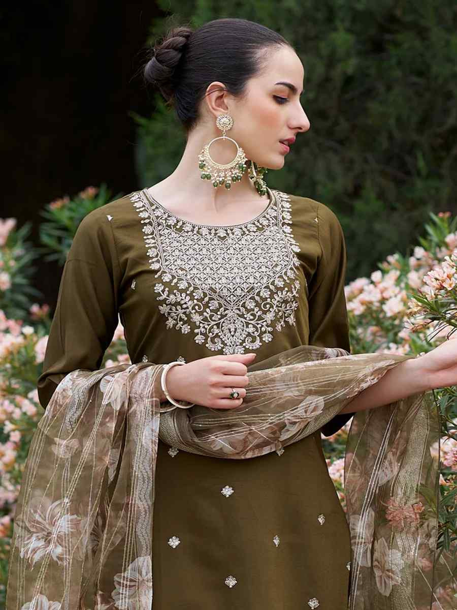 Mehendi Green Viscose Rayon Embroidered Mehendi Wedding Ready Pant Salwar Kameez