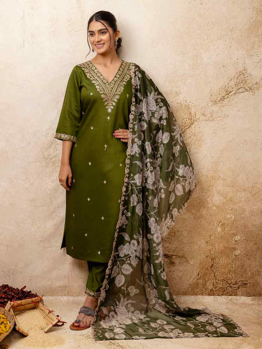 Mehendi Green Viscose Rayon Embroidered Mehendi Wedding Ready Pant Salwar Kameez