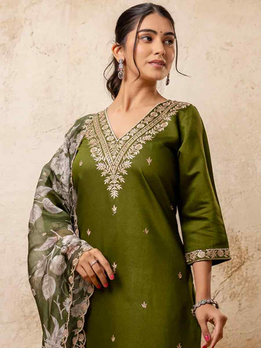 Mehendi Green Viscose Rayon Embroidered Mehendi Wedding Ready Pant Salwar Kameez