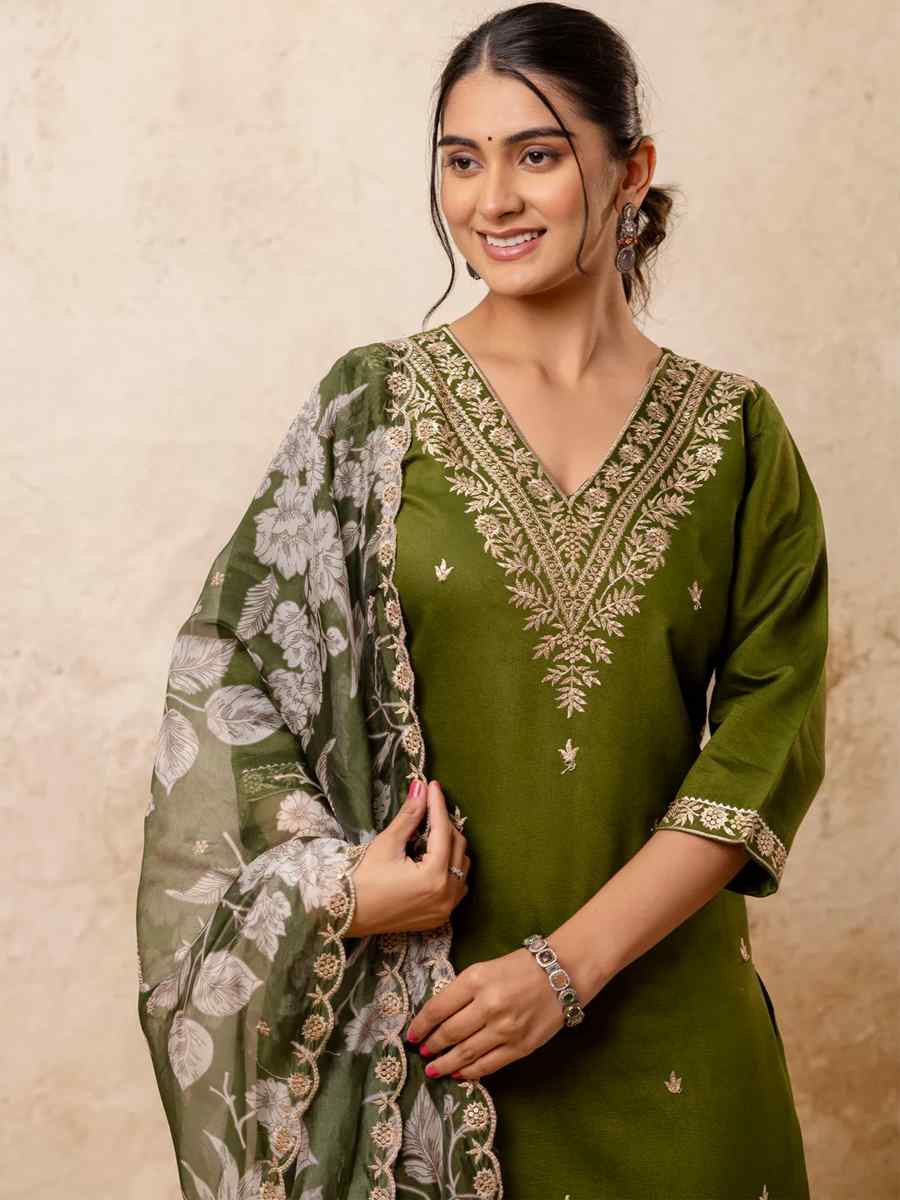 Mehendi Green Viscose Rayon Embroidered Mehendi Wedding Ready Pant Salwar Kameez