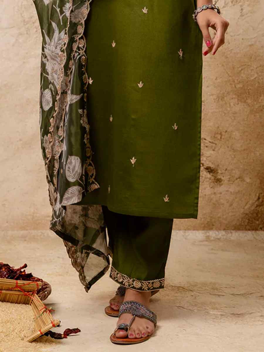 Mehendi Green Viscose Rayon Embroidered Mehendi Wedding Ready Pant Salwar Kameez