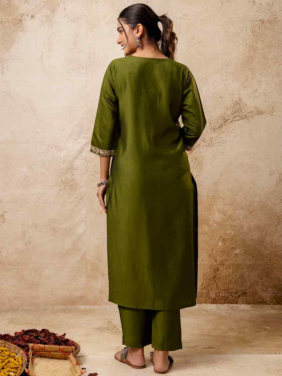Mehendi Green Viscose Rayon Embroidered Mehendi Wedding Ready Pant Salwar Kameez