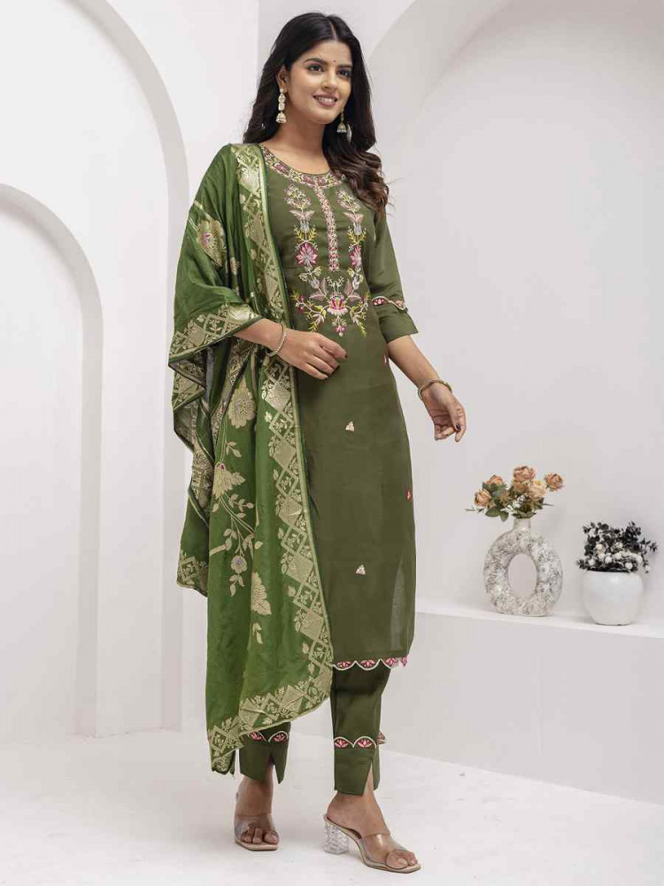 Image of Mehendi Green Viscose Silk Embroidery Party Wedding Festival Casual Ready Pant Salwar Kameez