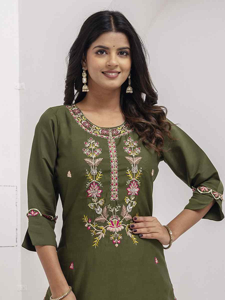 Mehendi Green Viscose Silk Embroidery Party Wedding Festival Casual Ready Pant Salwar Kameez
