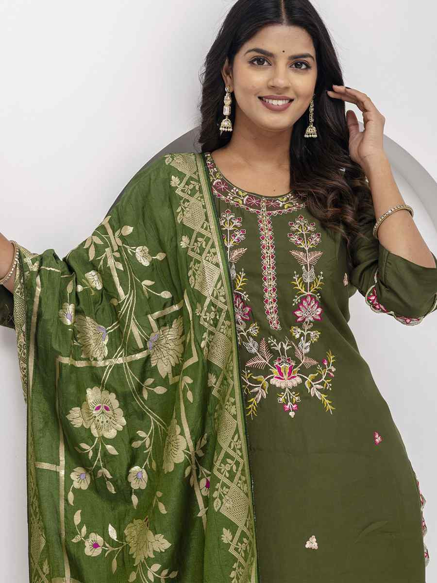 Mehendi Green Viscose Silk Embroidery Party Wedding Festival Casual Ready Pant Salwar Kameez