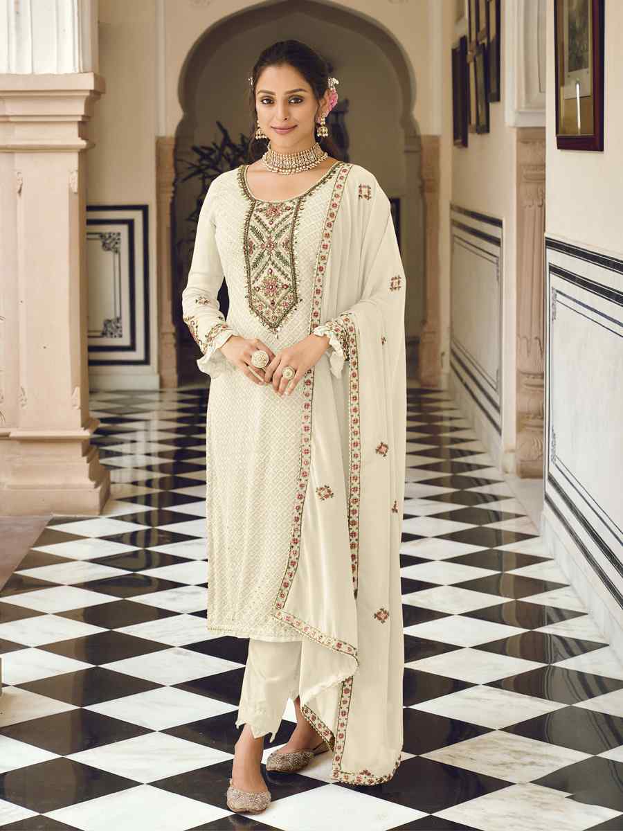 White Heavy Faux Georgette Embroidered Festival Wedding Pant Salwar Kameez