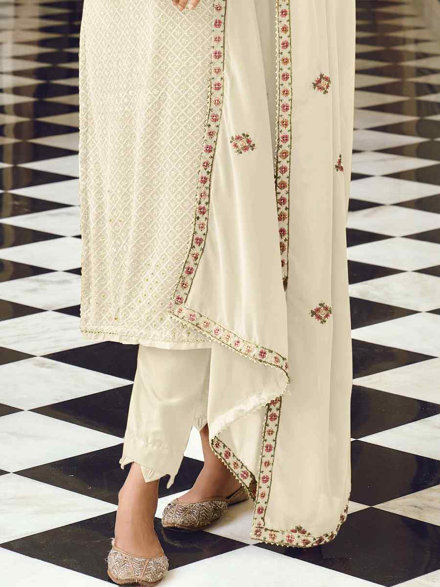 White Heavy Faux Georgette Embroidered Festival Wedding Pant Salwar Kameez