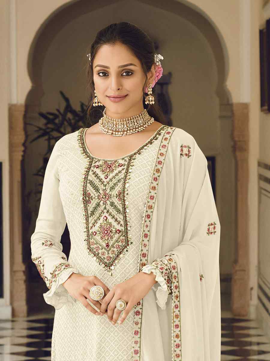 White Heavy Faux Georgette Embroidered Festival Wedding Pant Salwar Kameez
