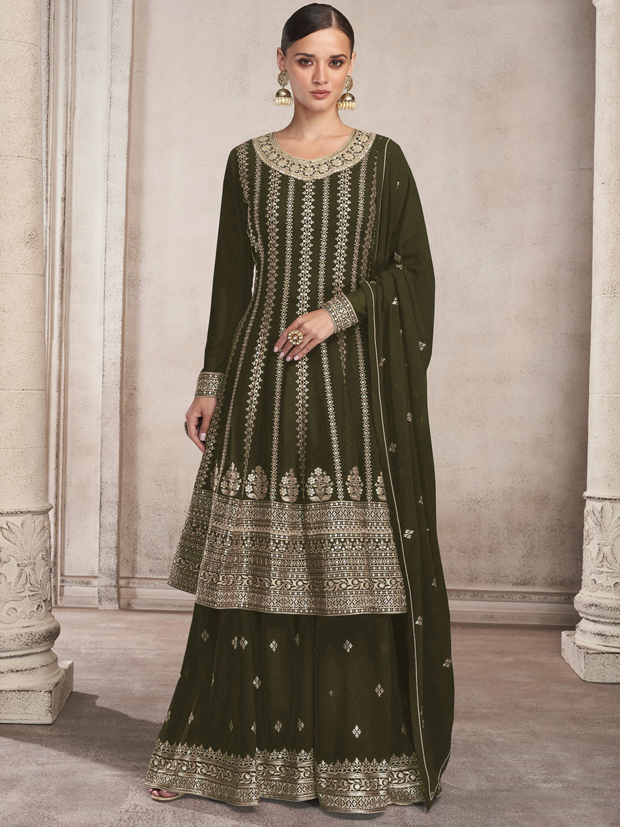 Mehendi Heavy Faux Georgette Embroidered Festival Wedding Sharara Pant Salwar Kameez