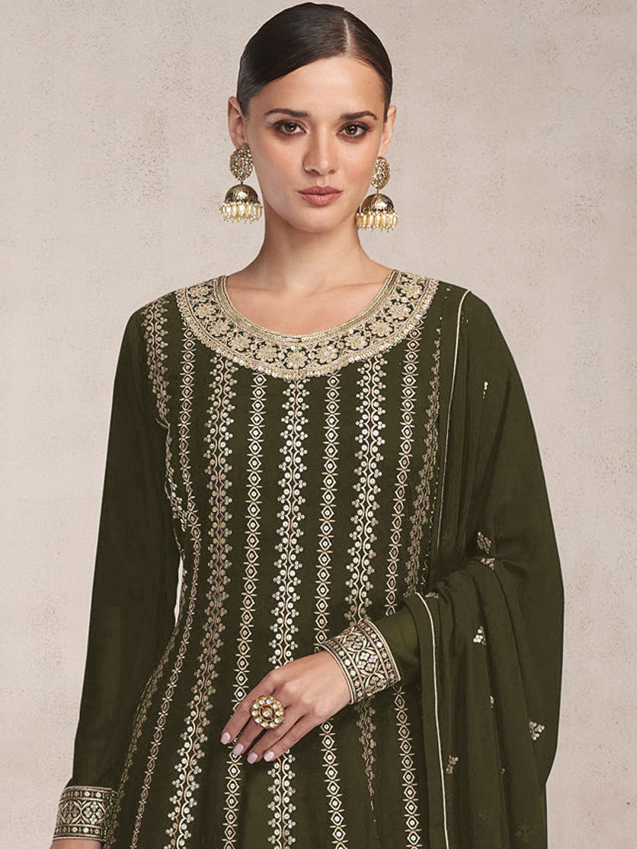 Mehendi Heavy Faux Georgette Embroidered Festival Wedding Sharara Pant Salwar Kameez