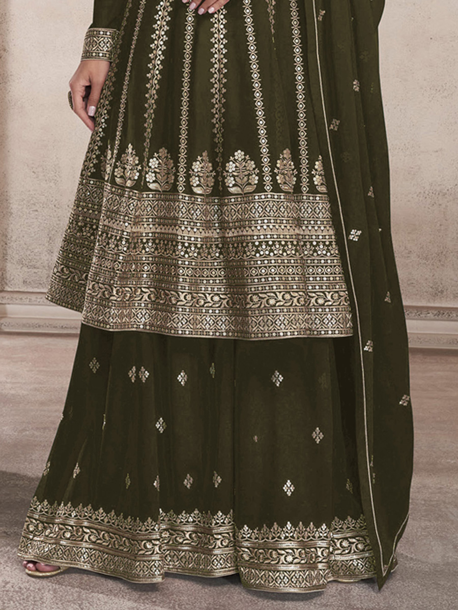 Mehendi Heavy Faux Georgette Embroidered Festival Wedding Sharara Pant Salwar Kameez