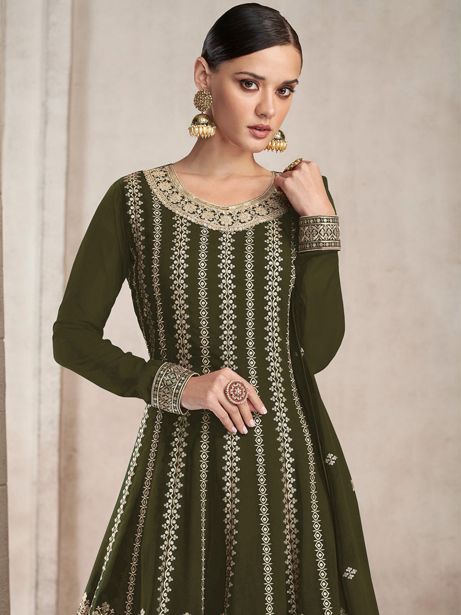 Mehendi Heavy Faux Georgette Embroidered Festival Wedding Sharara Pant Salwar Kameez