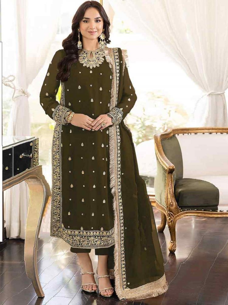 Mehendi Heavy Georgette Embroidered Wedding Party Pant Salwar Kameez