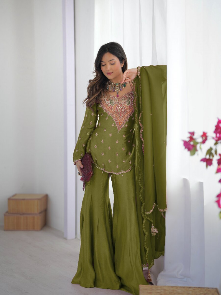 Image of Mehendi Heavy Simar Silk Embroidery Sequins Zari Wedding Party Festival Ready Sharara Pant Salwar Kameez
