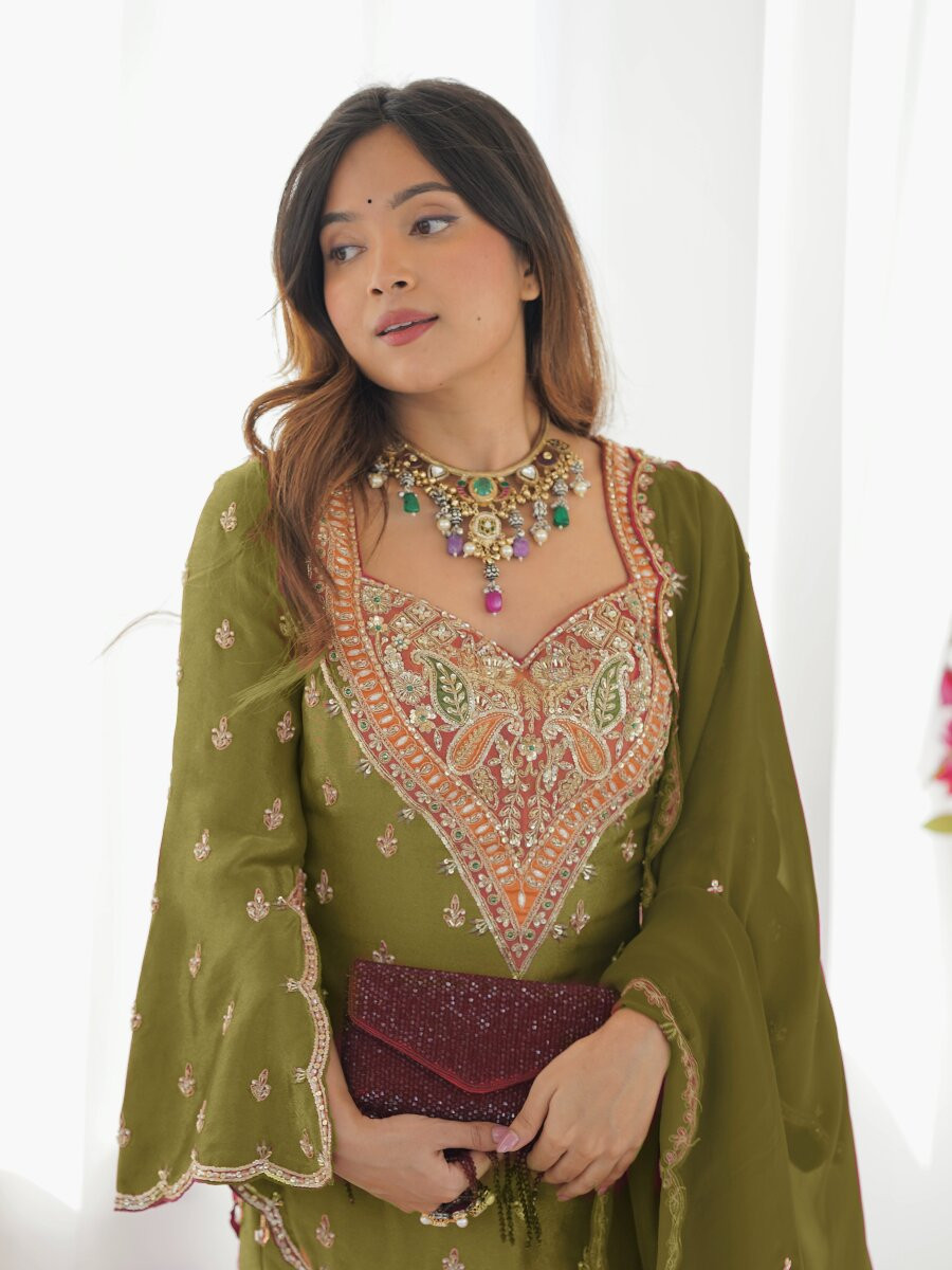 Mehendi Heavy Simar Silk Embroidery Sequins Zari Wedding Party Festival Ready Sharara Pant Salwar Kameez