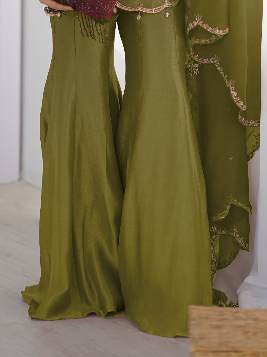 Mehendi Heavy Simar Silk Embroidery Sequins Zari Wedding Party Festival Ready Sharara Pant Salwar Kameez