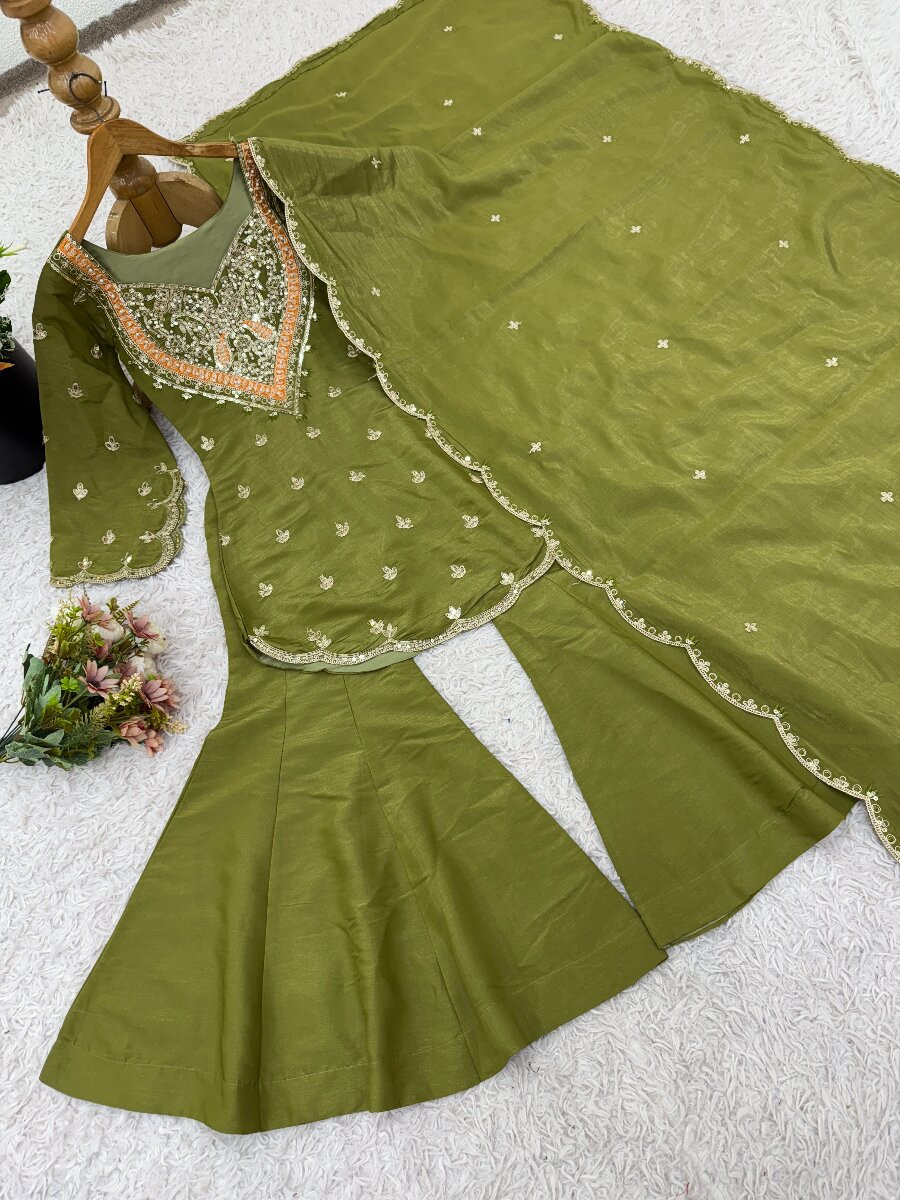 Mehendi Heavy Simar Silk Embroidery Sequins Zari Wedding Party Festival Ready Sharara Pant Salwar Kameez