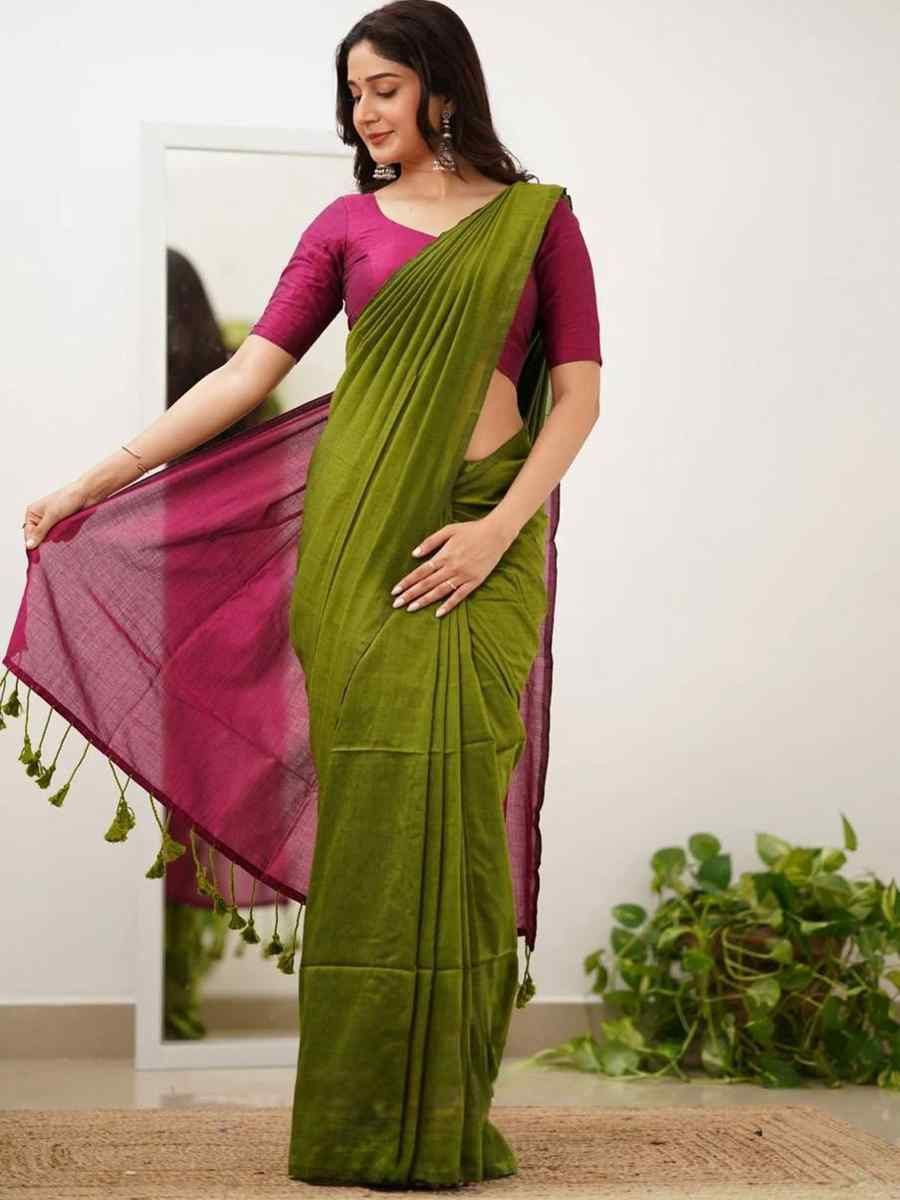 Mehendi Mal Cotton Plain Casual Party Festival Wedding Fancy Classic Style Sarees