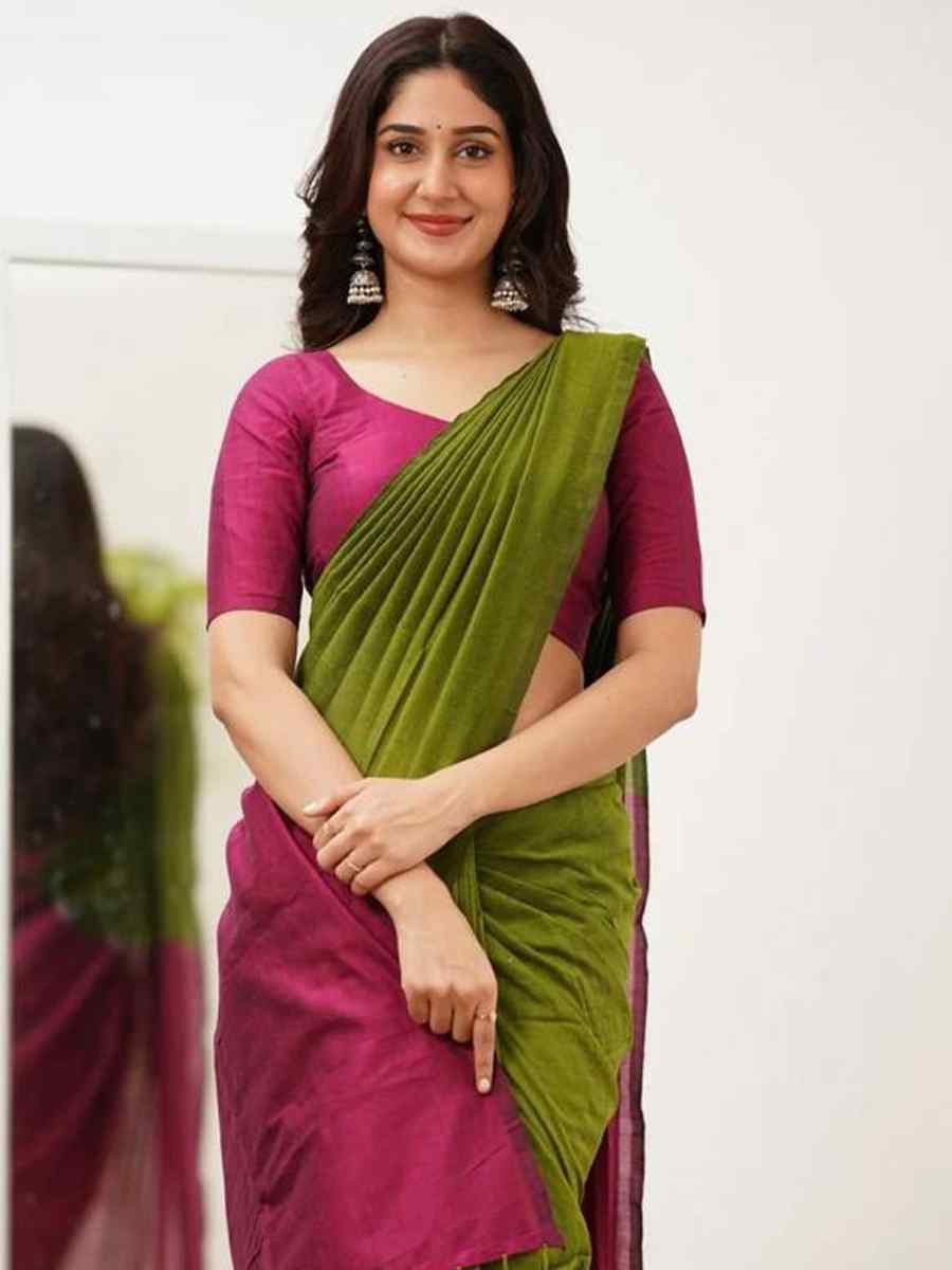 Mehendi Mal Cotton Plain Casual Party Festival Wedding Fancy Classic Style Sarees