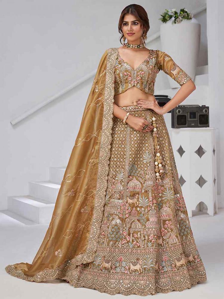 Image of Mehendi Organza Tissue Embroidered Wedding Reception Festival Heavy Border Lehenga Choli