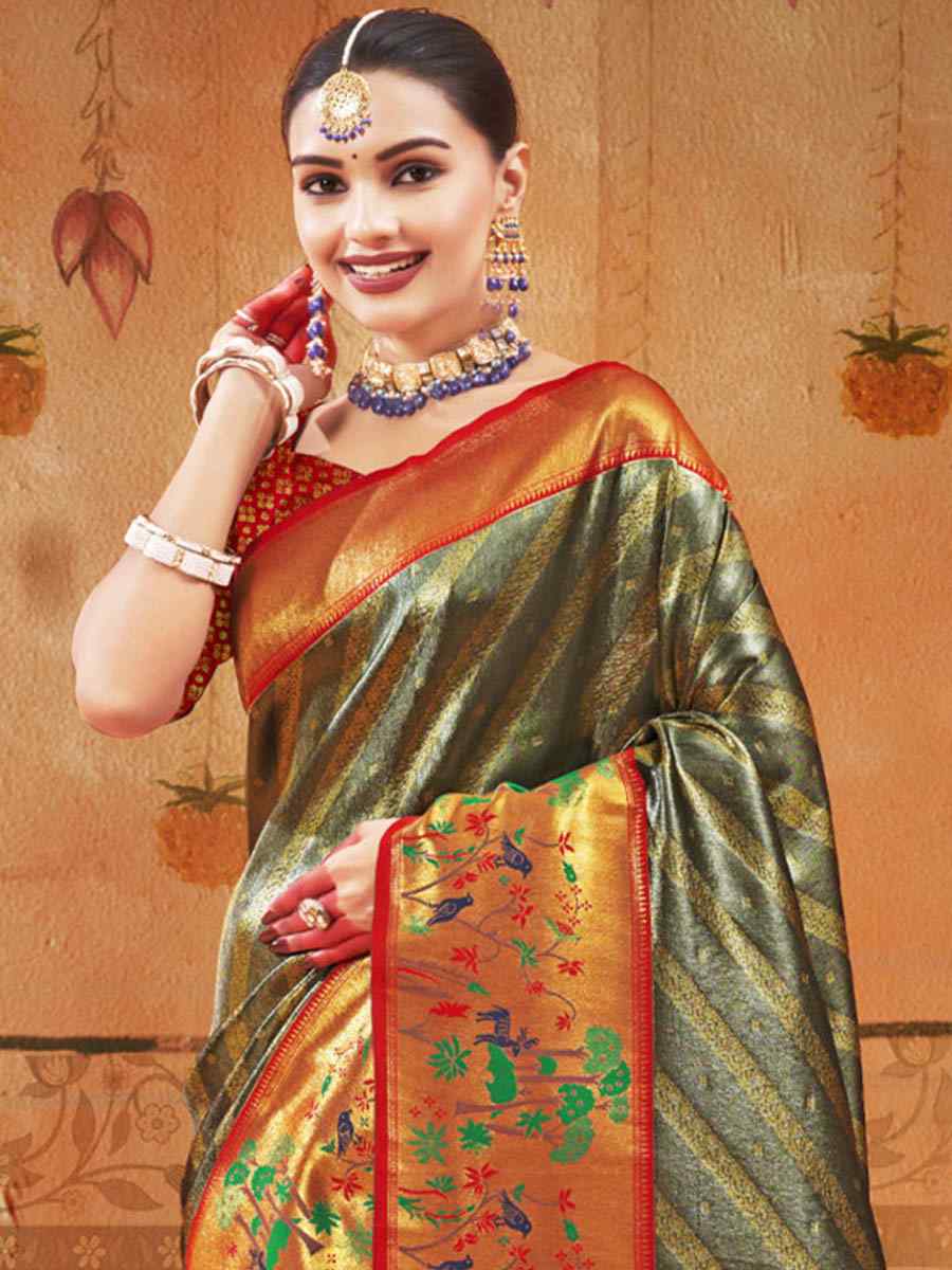 Mehendi Paithani Silk Handwoven Wedding Festival Heavy Border Saree