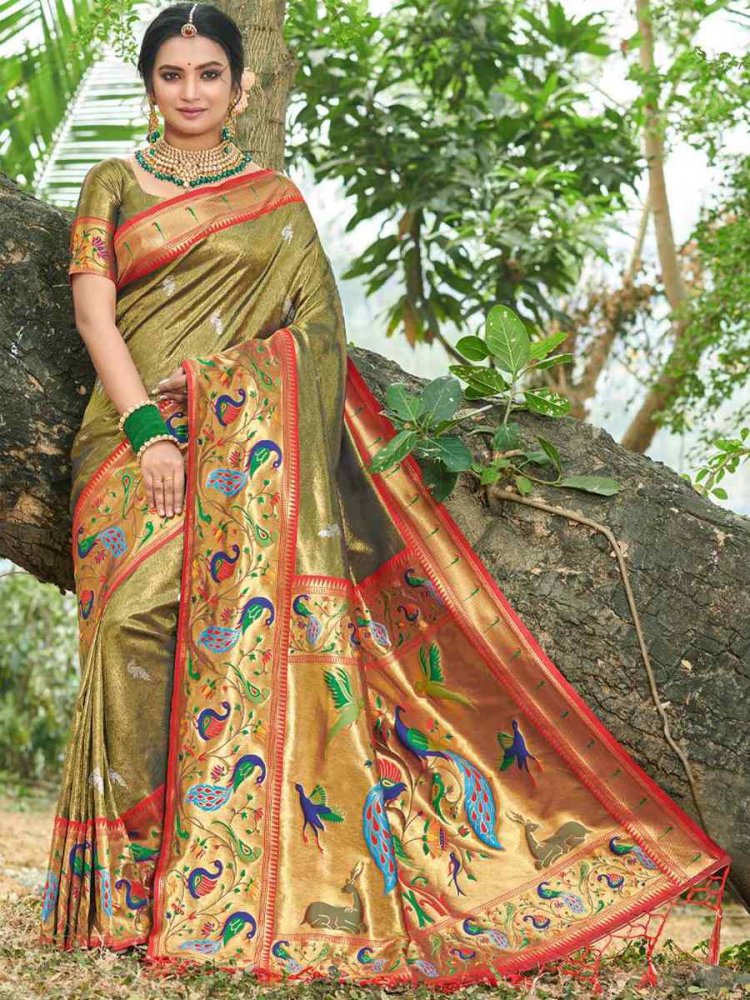 Mehendi Paithani Silk Handwoven Wedding Festival Heavy Border Saree