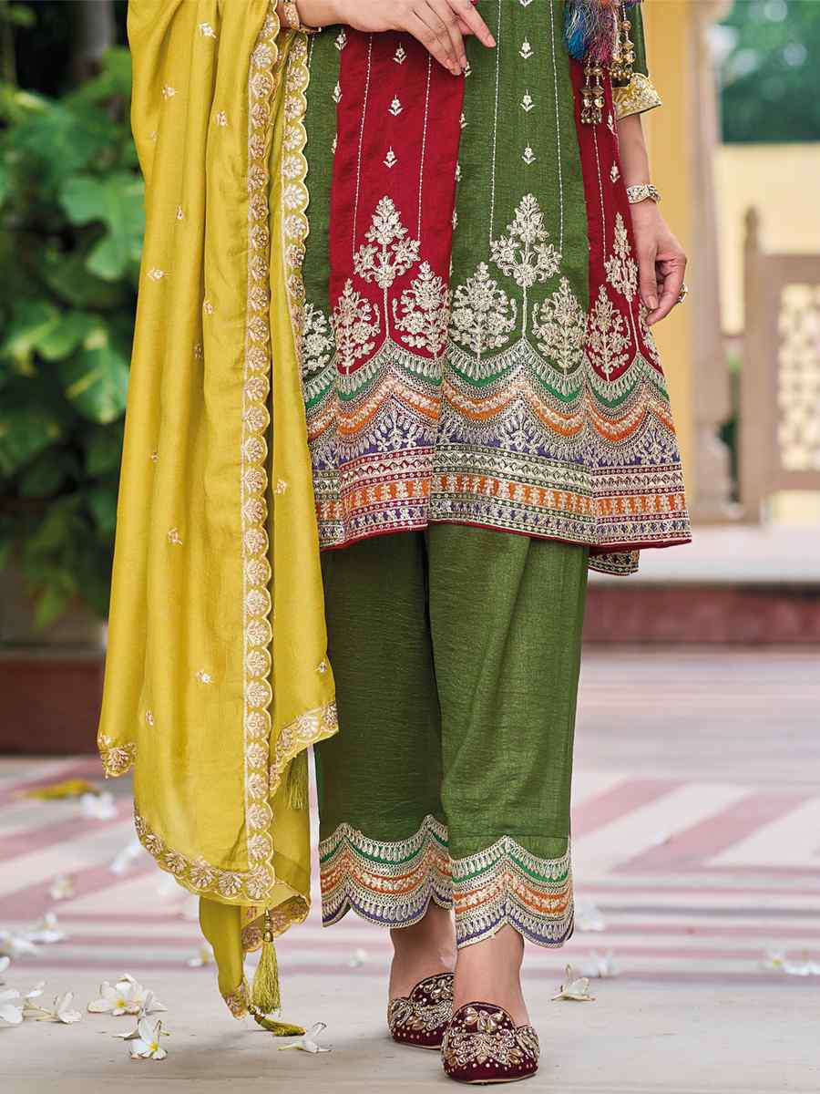 Mehendi Premium Silk Embroidered Festival Wedding Ready Pant Salwar Kameez