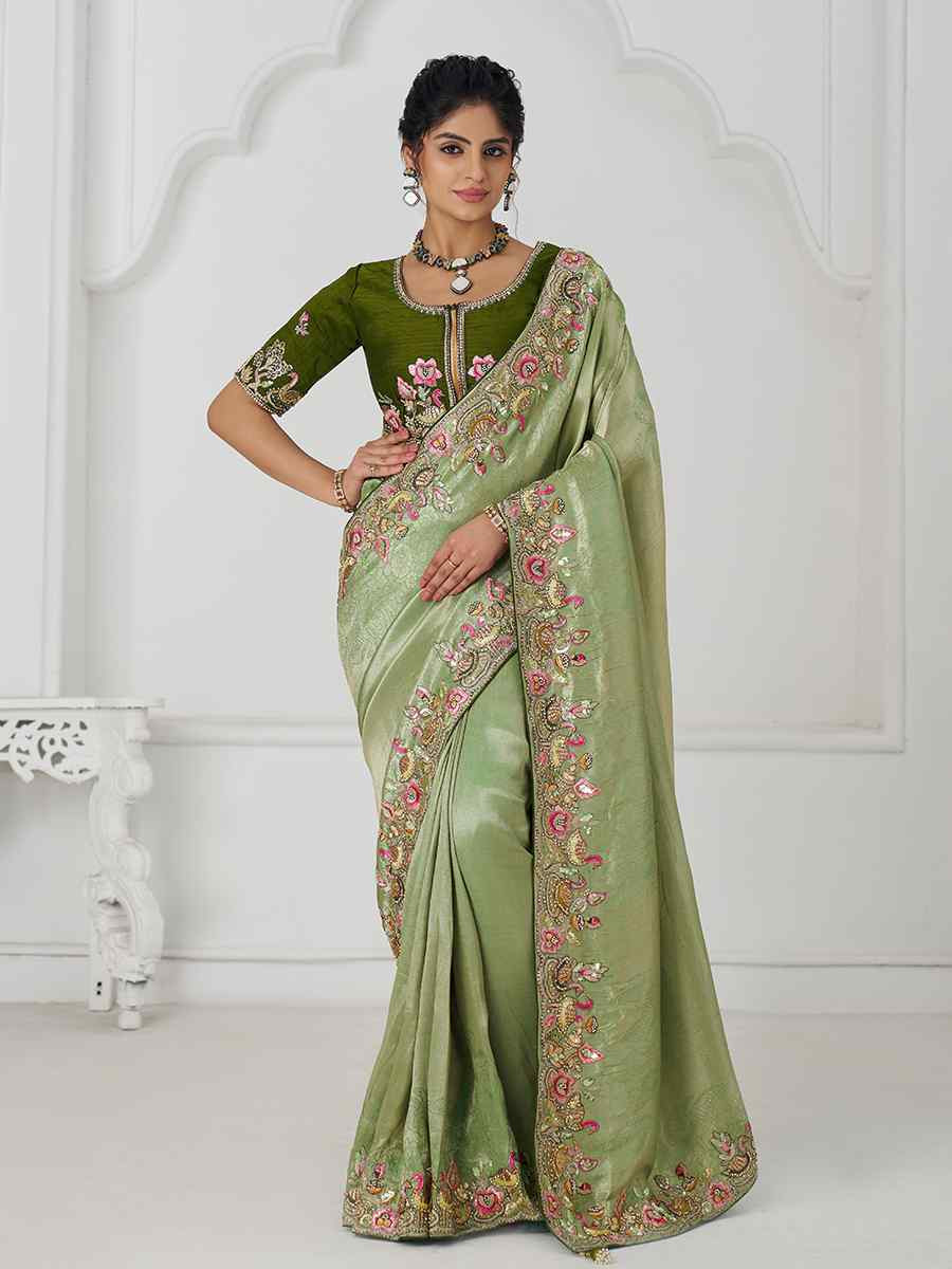 Mehendi Pure Dola Viscouse Silk Embroidered Festival Wedding Fancy Heavy Border Saree
