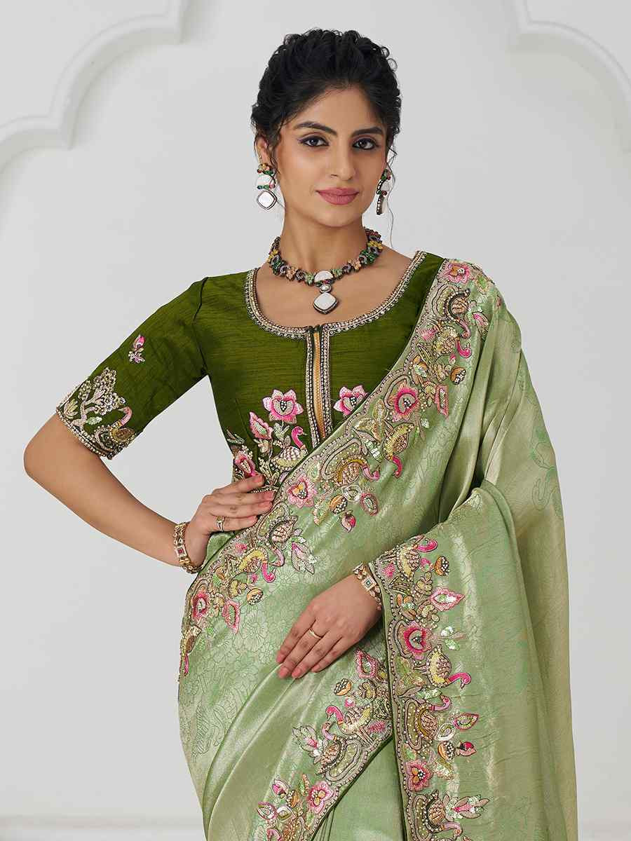 Mehendi Pure Dola Viscouse Silk Embroidered Festival Wedding Fancy Heavy Border Saree