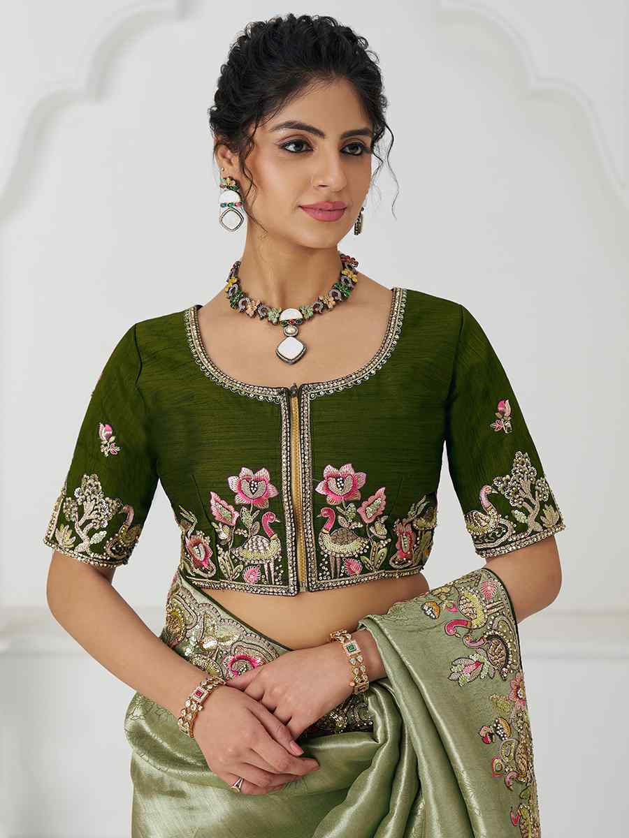 Mehendi Pure Dola Viscouse Silk Embroidered Festival Wedding Fancy Heavy Border Saree