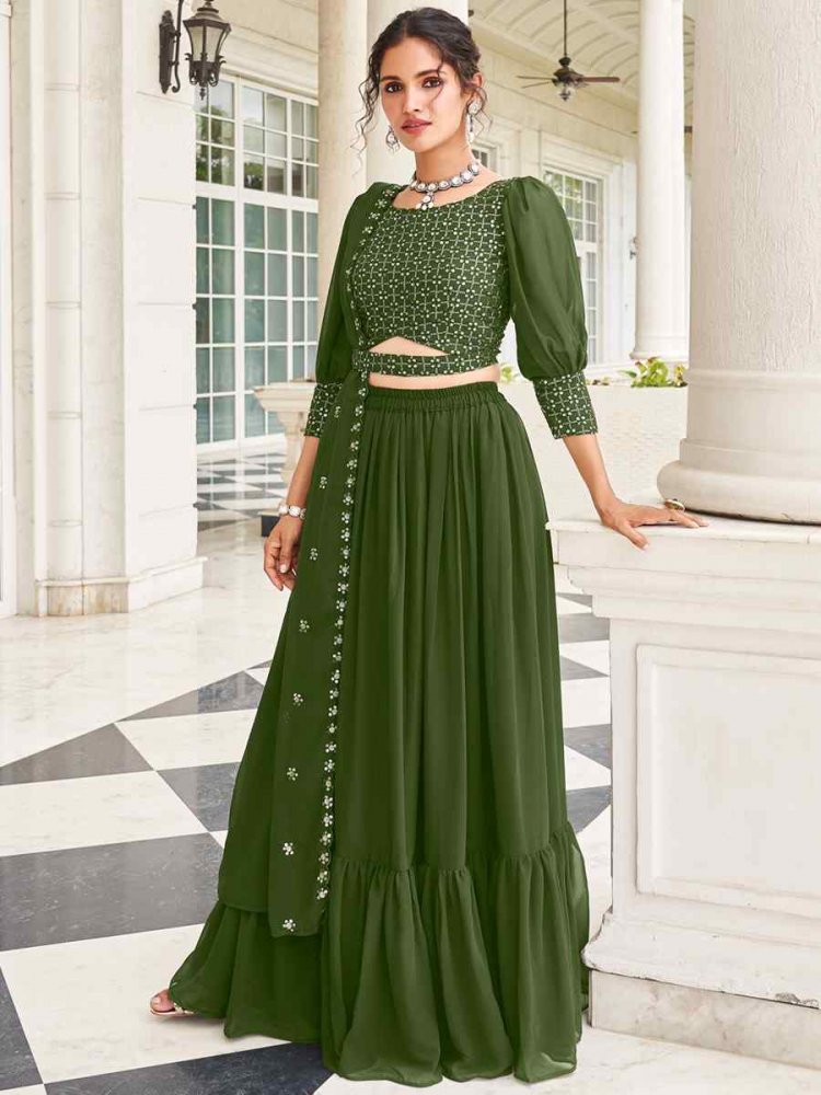 Mehendi Pure Faux Georgette Embroidered Party Wear Wedding Circular Lehenga Choli