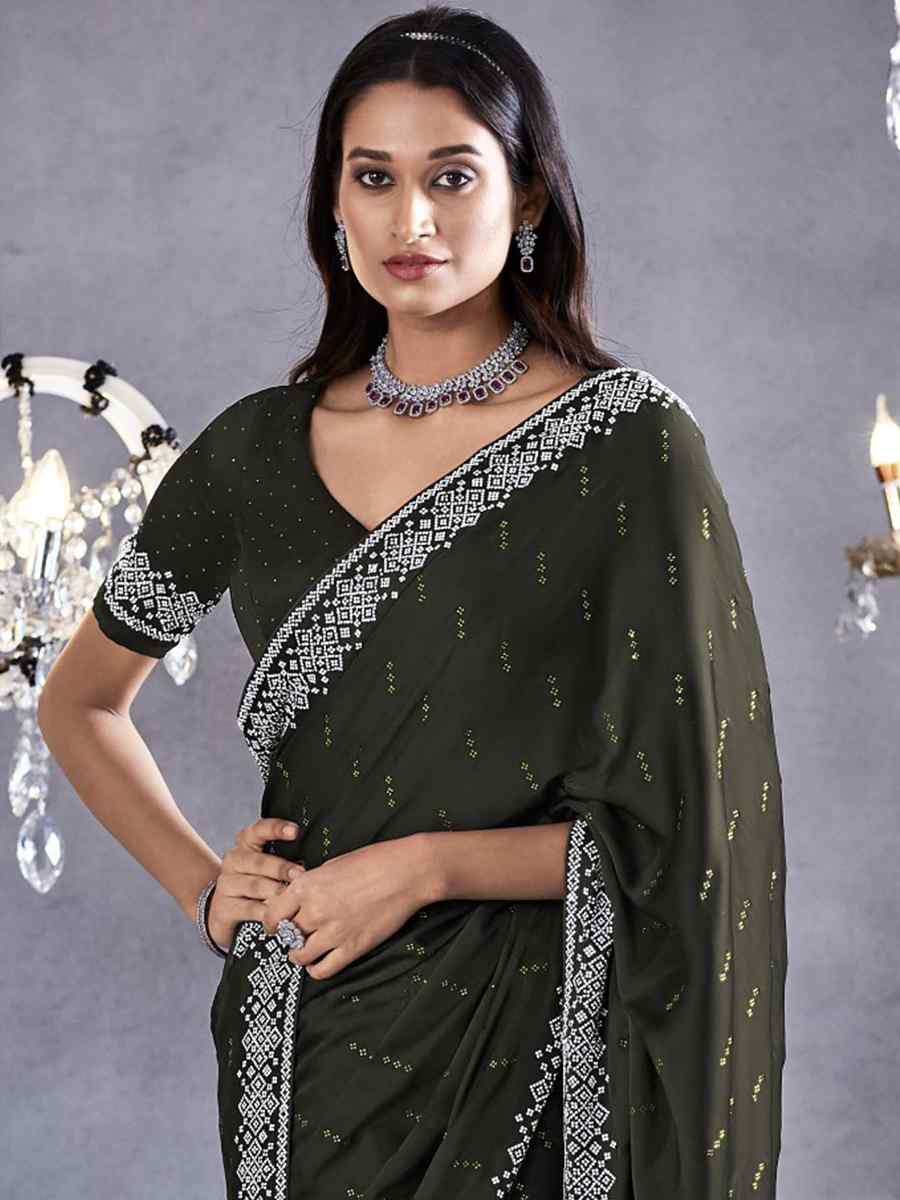 Mehendi Pure Satin Silk Embroidered Wedding Party Heavy Border Saree
