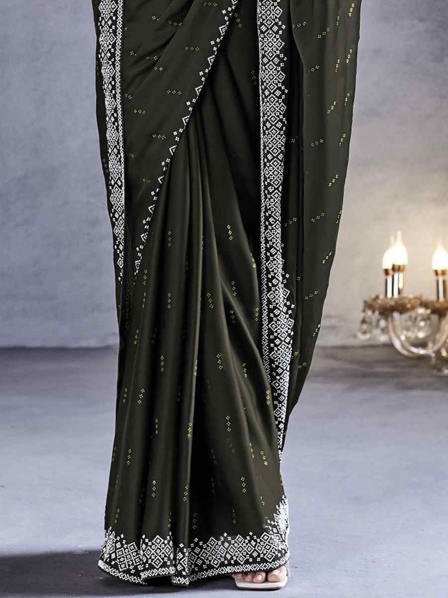Mehendi Pure Satin Silk Embroidered Wedding Party Heavy Border Saree