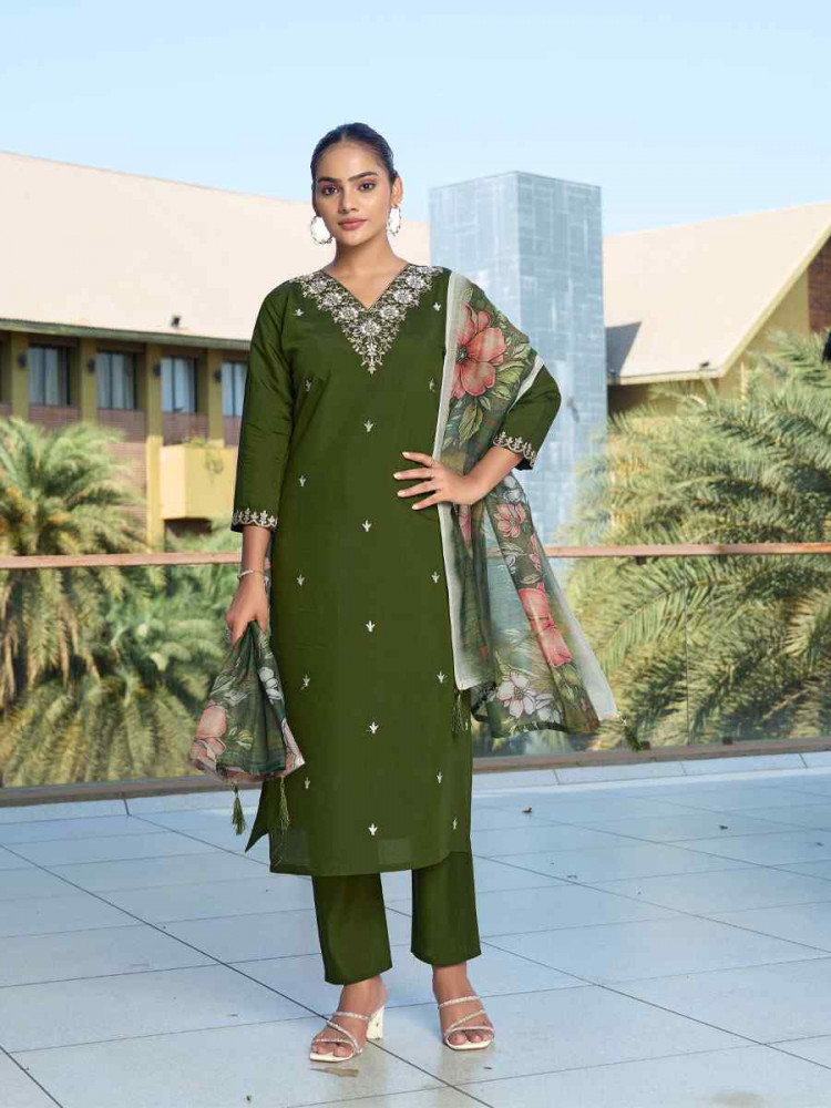 Image of Mehendi Roman Silk Embroidery Party Wedding Festival Casual Ready Pant Salwar Kameez