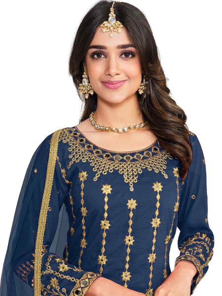 Blue Silk Embroidered Festival Party Pant Salwar Kameez