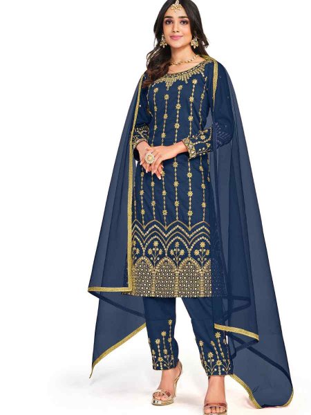 Blue Silk Embroidered Festival Party Pant Salwar Kameez