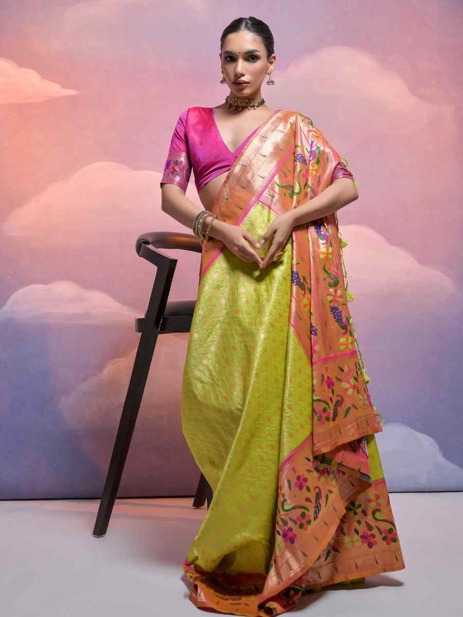 Mehendi Soft Banarasi Silk Kanjivaram Party Bridal Reception Festival Wedding Fancy Heavy Border Saree