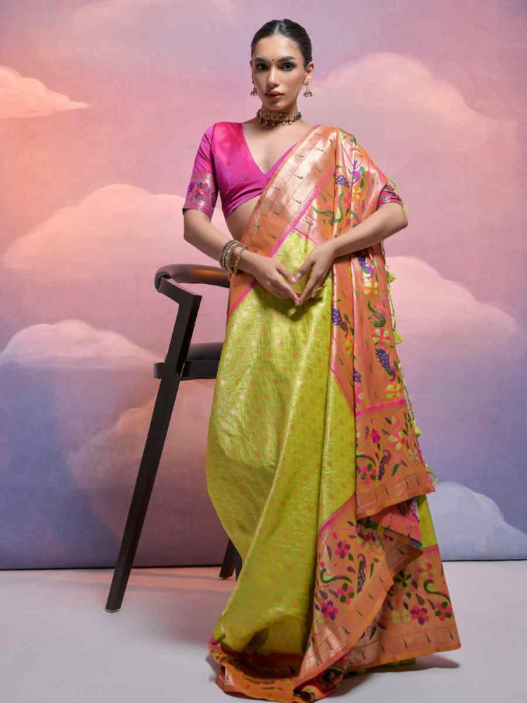 Image of Mehendi Soft Banarasi Silk Kanjivaram Party Bridal Reception Festival Wedding Fancy Heavy Border Saree