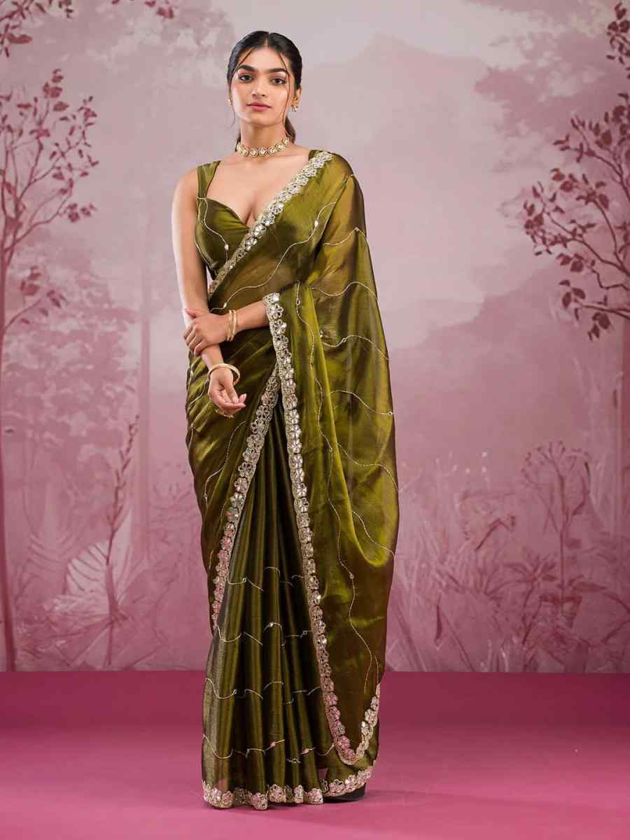 Mehendi Soft Burberry Silk Embroidered Festival Wedding Fancy Heavy Border Saree