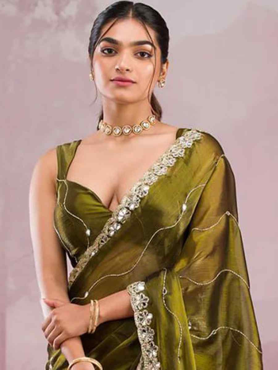 Mehendi Soft Burberry Silk Embroidered Festival Wedding Fancy Heavy Border Saree