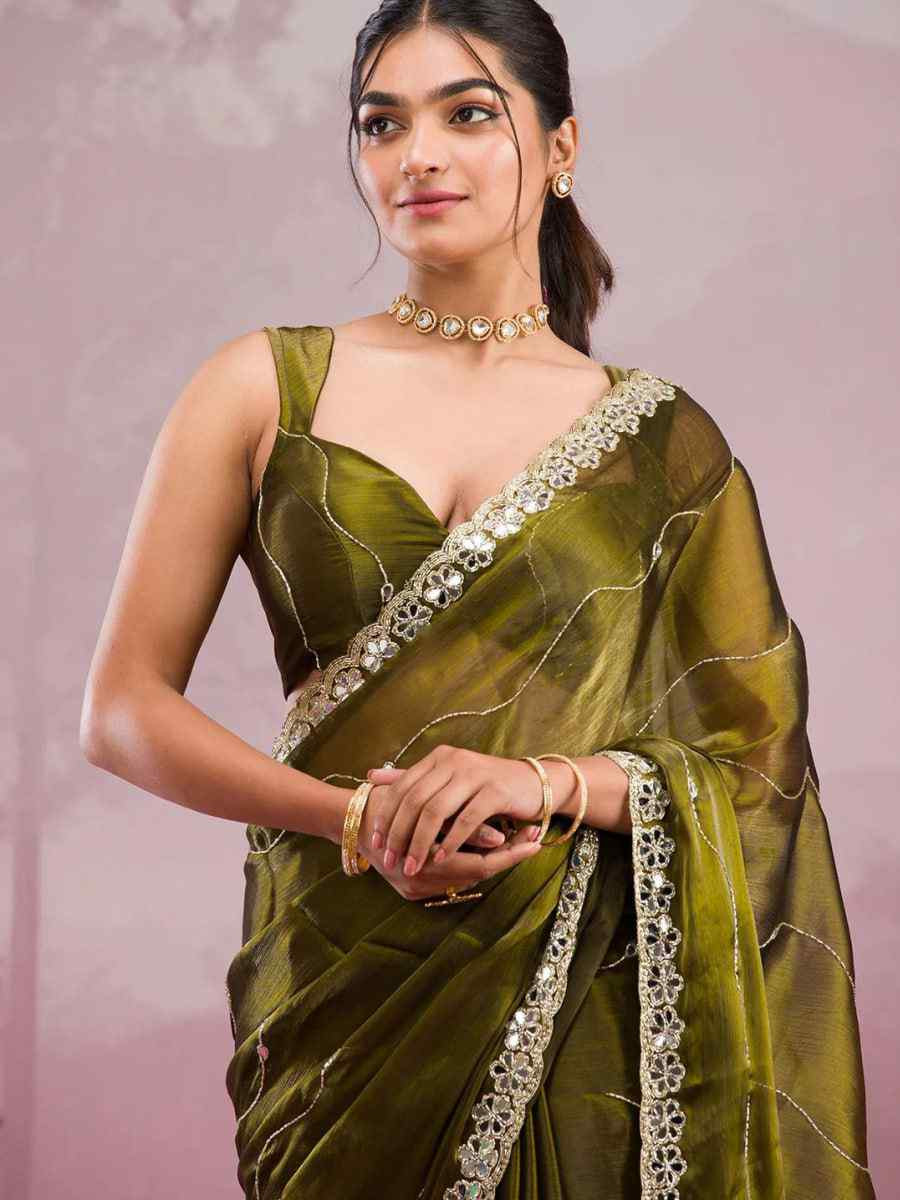 Mehendi Soft Burberry Silk Embroidered Festival Wedding Fancy Heavy Border Saree