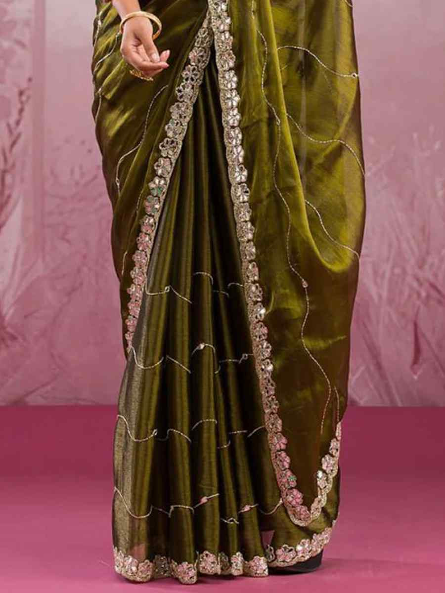 Mehendi Soft Burberry Silk Embroidered Festival Wedding Fancy Heavy Border Saree