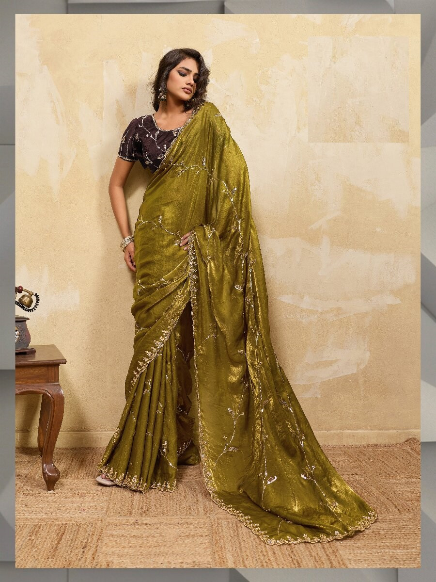 Mehendi Velvet Satin Sequins Wedding Reception Festival Party Heavy Border Sarees